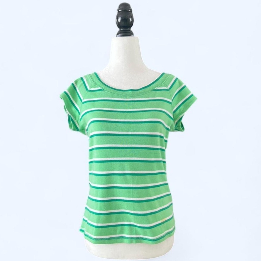 Y2K B.U.M Equipment Womens Green White Striped Scoop Neck Baby Tee Shirt Medium